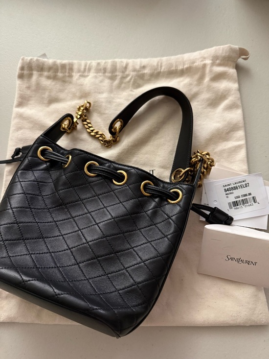 Saint Laurent Handbags - Saint Laurent Black Quilted Leather Drawstring Shoulder Bag with Gold Hardware